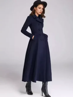 Manteau évasé en laine mélangée pour femme bleu marine foncé croisé revers larges coupe trapèze vêtements d'extérieur d'hiver 2026