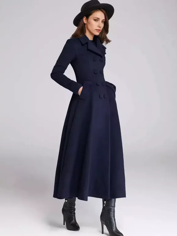 Manteau évasé en laine mélangée pour femme bleu marine foncé croisé revers larges coupe trapèze vêtements d'extérieur d'hiver 2026