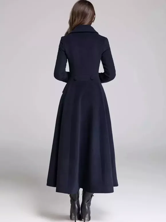 Manteau évasé en laine mélangée pour femme bleu marine foncé croisé revers larges coupe trapèze vêtements d'extérieur d'hiver 2026