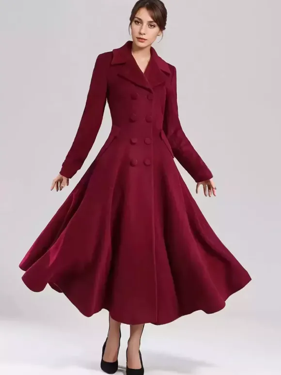 Manteau évasé en laine mélangée pour femme bleu marine foncé croisé revers larges coupe trapèze vêtements d'extérieur d'hiver 2026