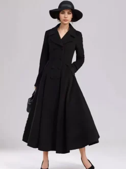 Manteau évasé en laine mélangée pour femme bleu marine foncé croisé revers larges coupe trapèze vêtements d'extérieur d'hiver 2026