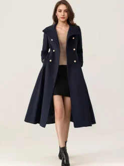 Manteau évasé en laine pour femme col montant bleu marine foncé vintage croisé hiver mi-long vêtements d'extérieur 2026