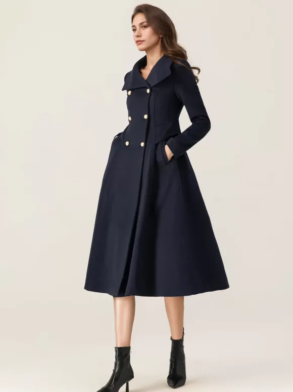 Manteau évasé en laine pour femme col montant bleu marine foncé vintage croisé hiver mi-long vêtements d'extérieur 2026