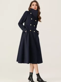 Manteau évasé en laine pour femme col montant bleu marine foncé vintage croisé hiver mi-long vêtements d'extérieur 2026