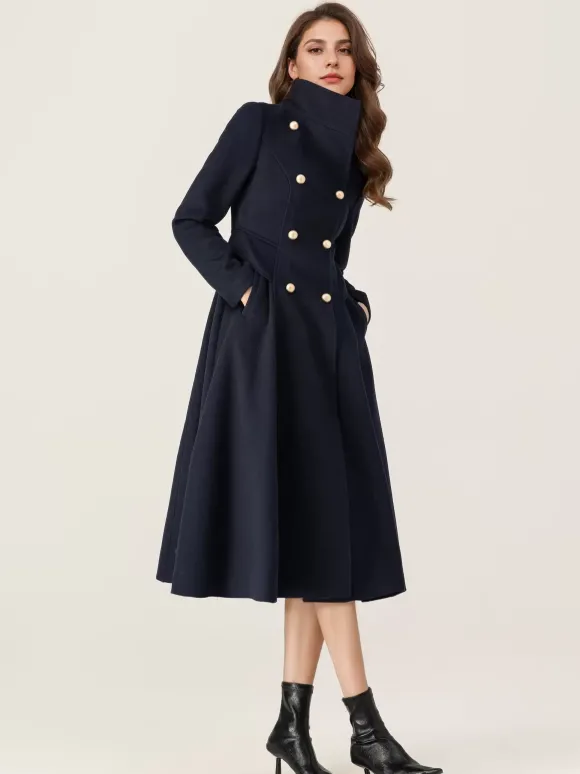 Manteau évasé en laine pour femme col montant bleu marine foncé vintage croisé hiver mi-long vêtements d'extérieur 2026