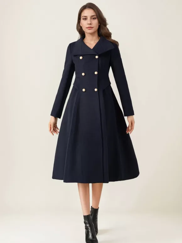 Manteau évasé en laine pour femme col montant bleu marine foncé vintage croisé hiver mi-long vêtements d'extérieur 2026