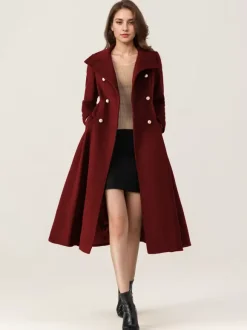 Manteau évasé en laine pour femme col montant bleu marine foncé vintage croisé hiver mi-long vêtements d'extérieur 2026