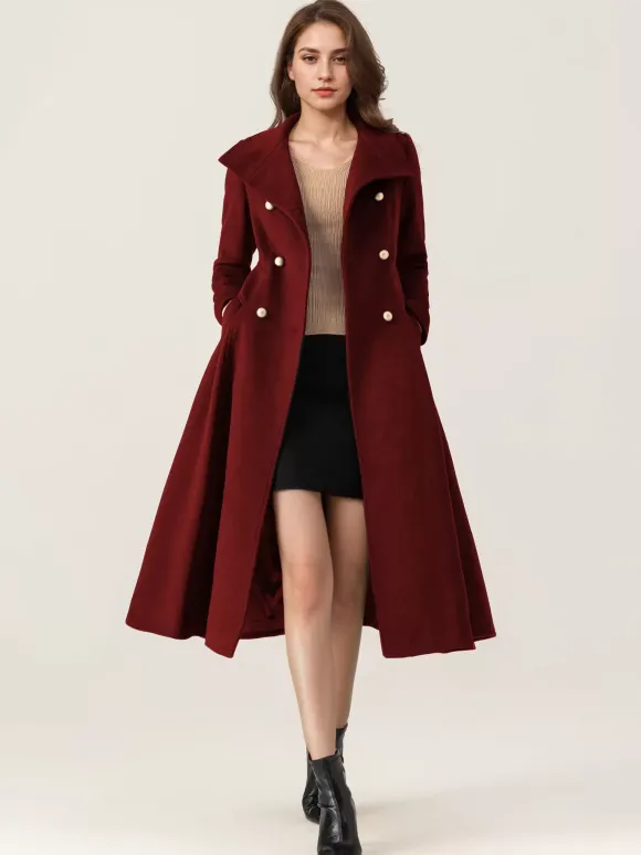 Manteau évasé en laine pour femme col montant bleu marine foncé vintage croisé hiver mi-long vêtements d'extérieur 2026