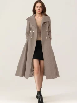 Manteau évasé en laine pour femme col montant bleu marine foncé vintage croisé hiver mi-long vêtements d'extérieur 2026