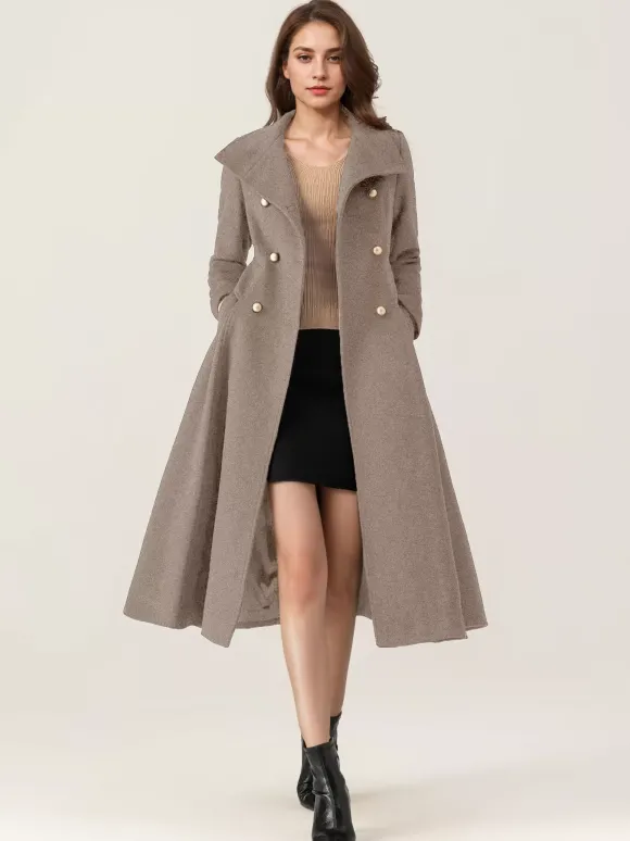 Manteau évasé en laine pour femme col montant bleu marine foncé vintage croisé hiver mi-long vêtements d'extérieur 2026