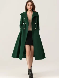 Manteau évasé en laine pour femme col montant bleu marine foncé vintage croisé hiver mi-long vêtements d'extérieur 2026