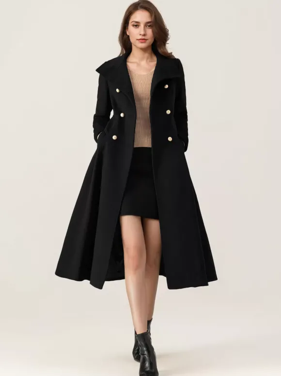 Manteau évasé en laine pour femme col montant bleu marine foncé vintage croisé hiver mi-long vêtements d'extérieur 2026