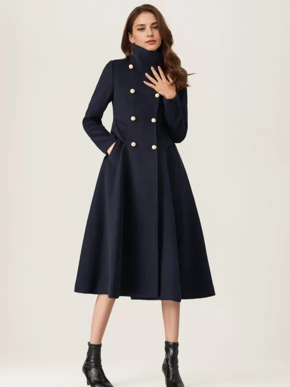 Manteau évasé en laine pour femme col montant bleu marine foncé vintage croisé hiver mi-long vêtements d'extérieur 2026