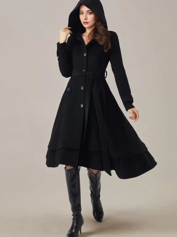 Manteau évasé en laine pour femme à capuche avec ceinture A-line Vintage Hiver Midi Vêtements d'extérieur 2026