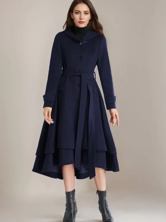 Manteau évasé en laine pour femme à capuche avec ceinture A-line Vintage Hiver Midi Vêtements d'extérieur 2026