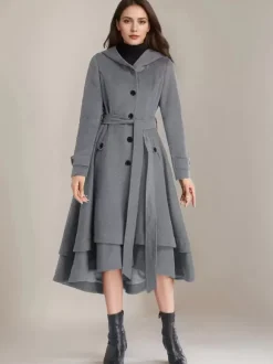 Manteau évasé en laine pour femme à capuche avec ceinture A-line Vintage Hiver Midi Vêtements d'extérieur 2026