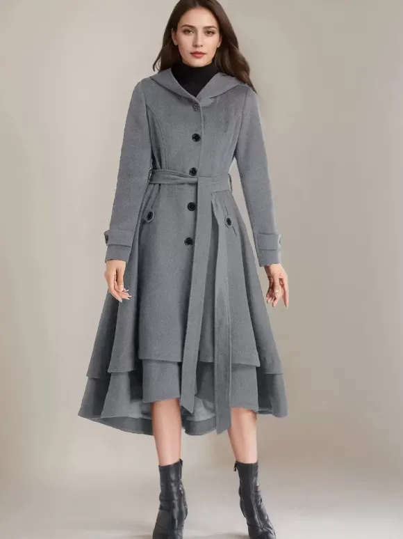 Manteau évasé en laine pour femme à capuche avec ceinture A-line Vintage Hiver Midi Vêtements d'extérieur 2026