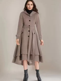 Manteau évasé en laine pour femme à capuche avec ceinture A-line Vintage Hiver Midi Vêtements d'extérieur 2026
