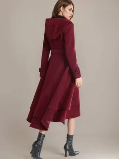 Manteau évasé en laine pour femme à capuche avec ceinture A-line Vintage Hiver Midi Vêtements d'extérieur 2026