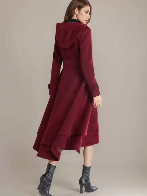 Manteau évasé en laine pour femme à capuche avec ceinture A-line Vintage Hiver Midi Vêtements d'extérieur 2026
