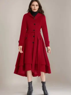 Manteau évasé en laine pour femme à capuche avec ceinture A-line Vintage Hiver Midi Vêtements d'extérieur 2026