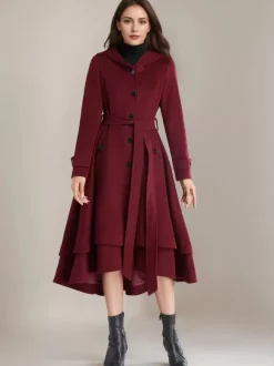 Manteau évasé en laine pour femme à capuche avec ceinture A-line Vintage Hiver Midi Vêtements d'extérieur 2026