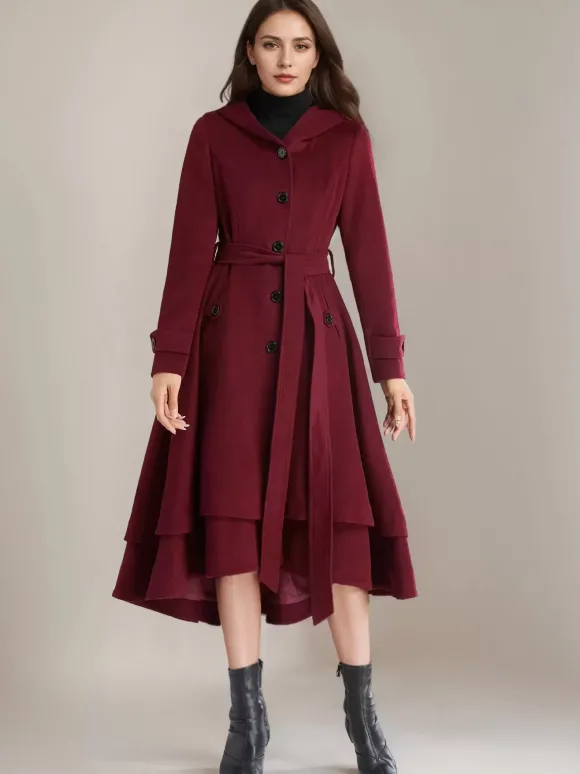 Manteau évasé en laine pour femme à capuche avec ceinture A-line Vintage Hiver Midi Vêtements d'extérieur 2026