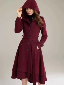 Manteau évasé en laine pour femme à capuche avec ceinture A-line Vintage Hiver Midi Vêtements d'extérieur 2026