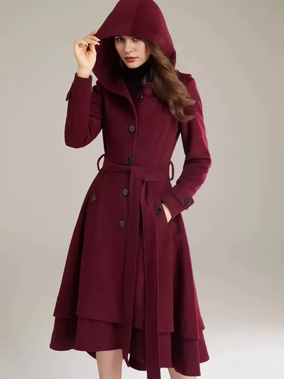 Manteau évasé en laine pour femme à capuche avec ceinture A-line Vintage Hiver Midi Vêtements d'extérieur 2026