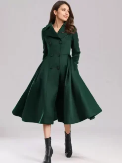 Manteau évasé en laine verte à double boutonnage à revers larges vêtements d'extérieur d'hiver A-line Midi 2026
