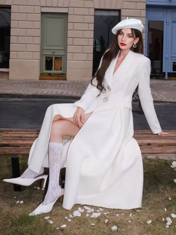 Manteau évasé en mélange de laine et de cachemire blanc à revers vêtement d'extérieur d'hiver double face 2026