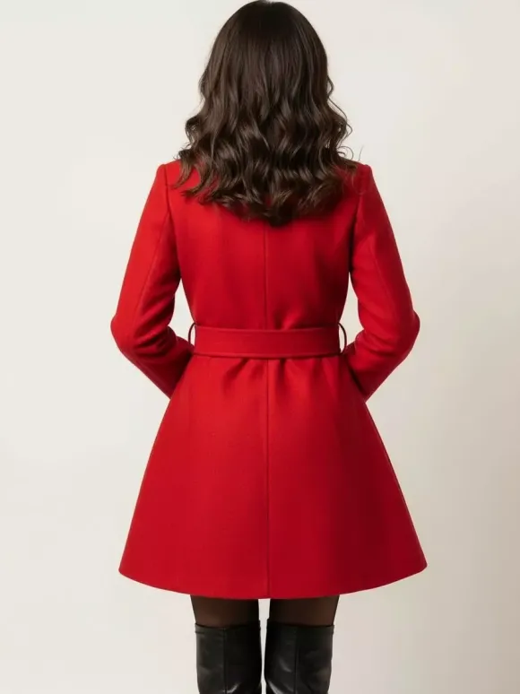Manteau évasé rouge en laine mélangée avec ceinture pour femme 2026
