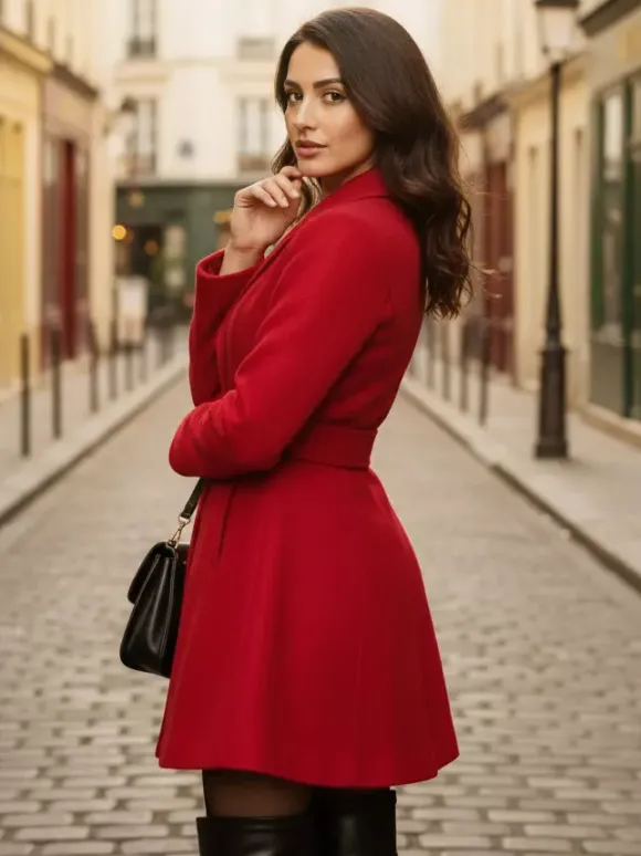 Manteau évasé rouge en laine mélangée avec ceinture pour femme 2026