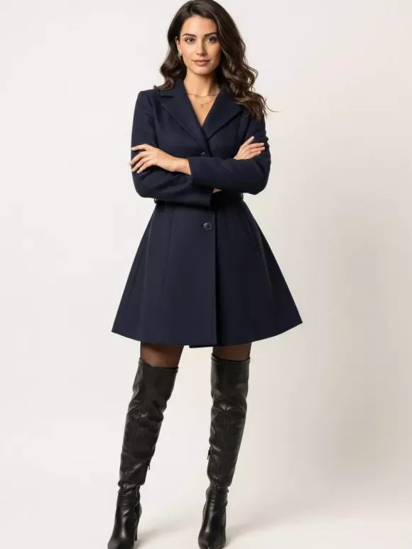 Manteau évasé rouge en laine mélangée avec ceinture pour femme 2026