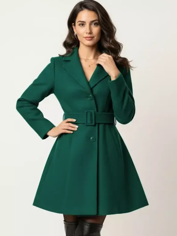 Manteau évasé rouge en laine mélangée avec ceinture pour femme 2026