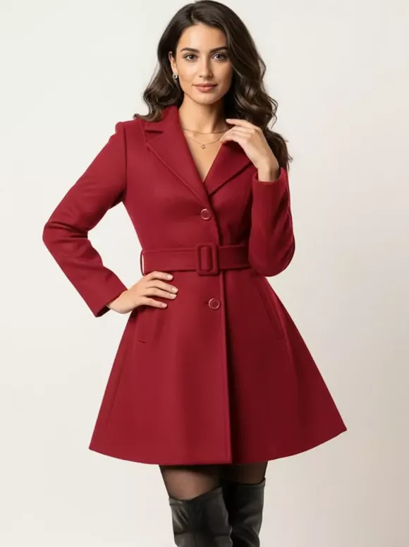 Manteau évasé rouge en laine mélangée avec ceinture pour femme 2026
