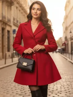 Manteau évasé rouge en laine mélangée avec ceinture pour femme 2026