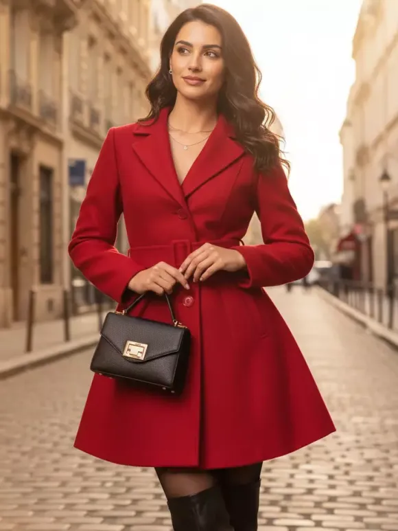 Manteau évasé rouge en laine mélangée avec ceinture pour femme 2026