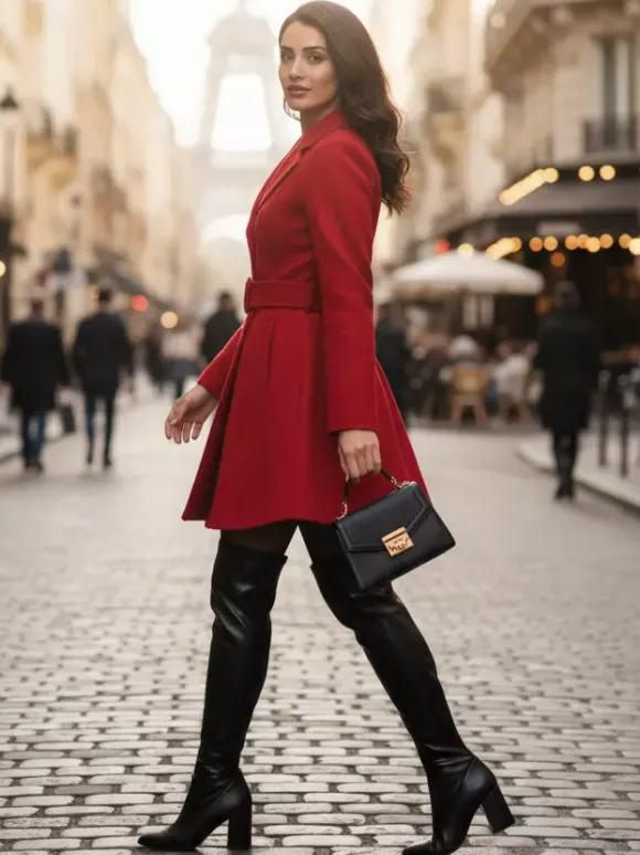 Manteau évasé rouge en laine mélangée avec ceinture pour femme 2026