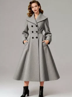 Manteau vintage croisé en laine coupe trapèze col châle pour femme (collection 2026)