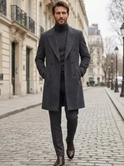 Manteaux Costume Hommes Double Boutonnage Col Rabattu Confortable Gris Moderne