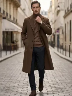 Manteaux Costume Long Pour Hommes Col Rabattu Décontracté Bleu Foncé