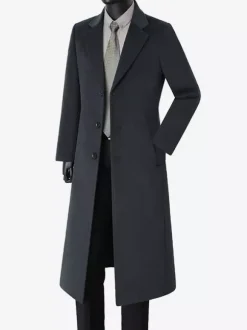 Manteaux Costume Long Pour Hommes Col Rabattu Décontracté Bleu Foncé