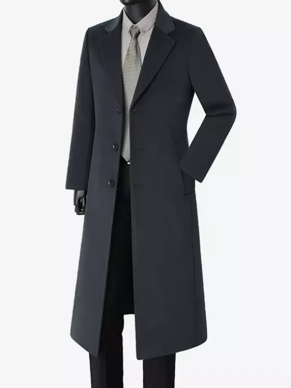 Manteaux Costume Long Pour Hommes Col Rabattu Décontracté Bleu Foncé