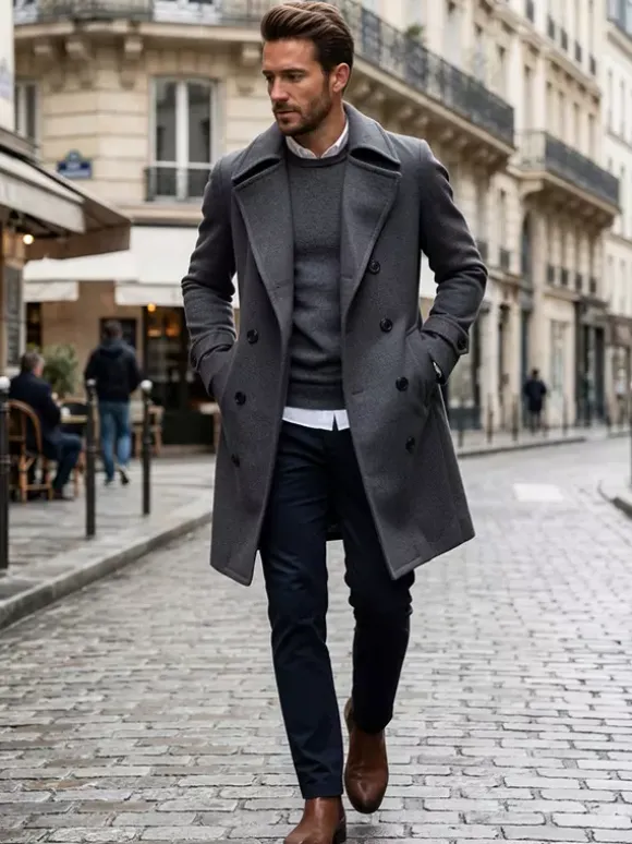 Manteaux Costume pour hommes Double boutonnage Col rabattu Chic Gris Beau