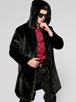Manteaux d'hiver à capuche en fausse fourrure pour hommes en noir