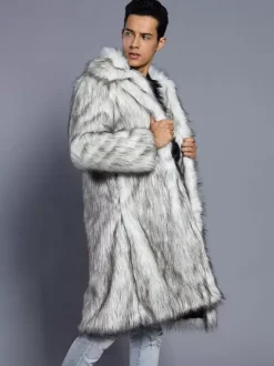 Manteaux En Fausse Fourrure Hiver Chaud Hommes Gris Clair Veste Manches Longues Col Rabattu