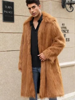 Manteaux En Fausse Fourrure Hiver Chaud Hommes Gris Clair Veste Manches Longues Col Rabattu