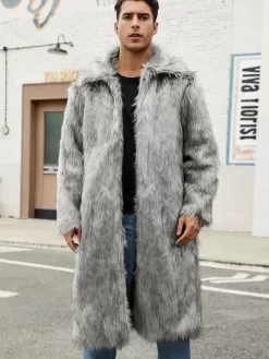 Manteaux En Fausse Fourrure Hiver Chaud Hommes Gris Clair Veste Manches Longues Col Rabattu