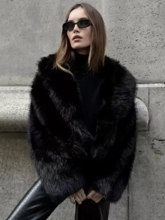 Manteaux en fausse fourrure Noir Taille relevée Manches longues Veste en fausse fourrure Manteau d'hiver